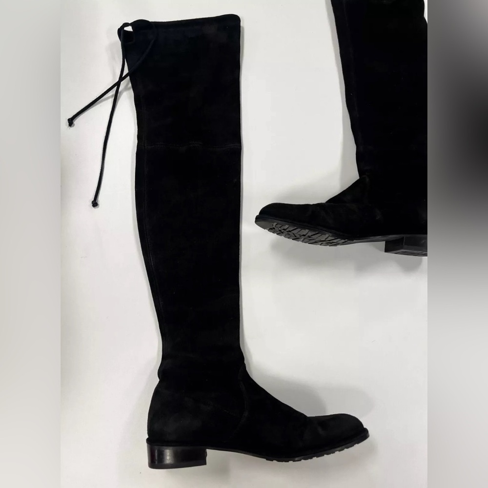 STUART WEITZMAN STRETCH SUEDE KNEE HIGH RIDING BOOT WITH TIE / BLACK / SIZE 6.5M